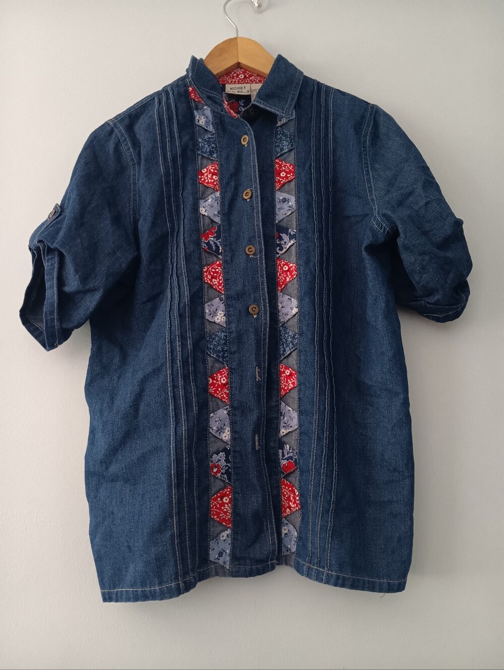 Koret City Blues Denim Look Button Shirt S Western Patchwork Short Sleeve